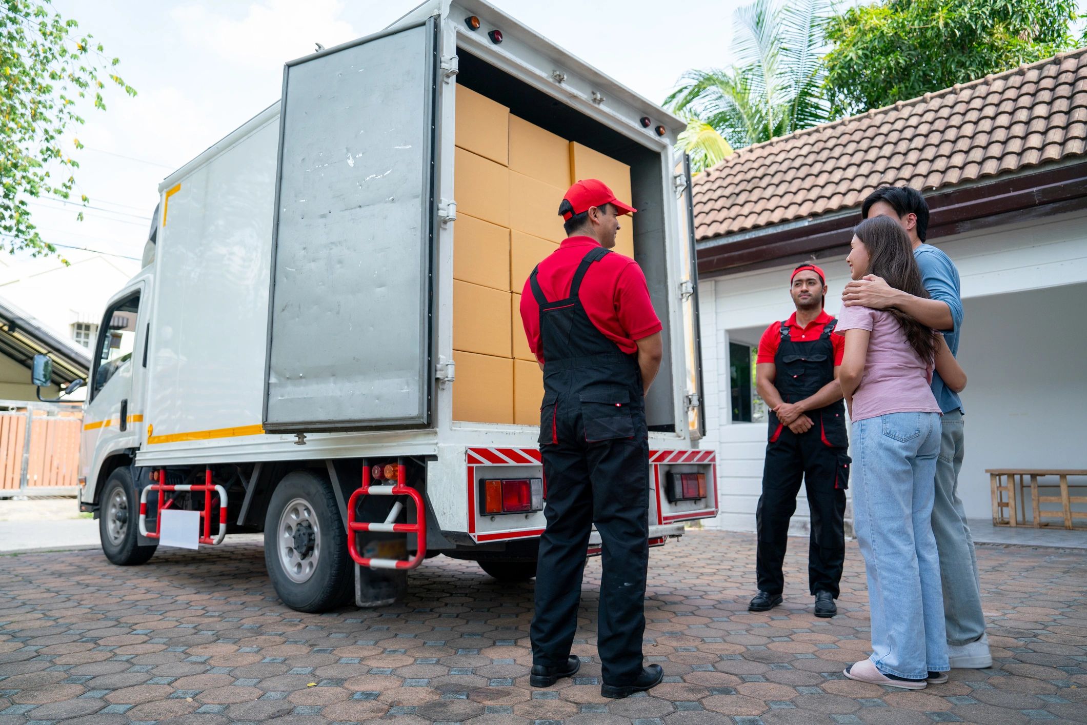 Crew discussing residential pickup at a home