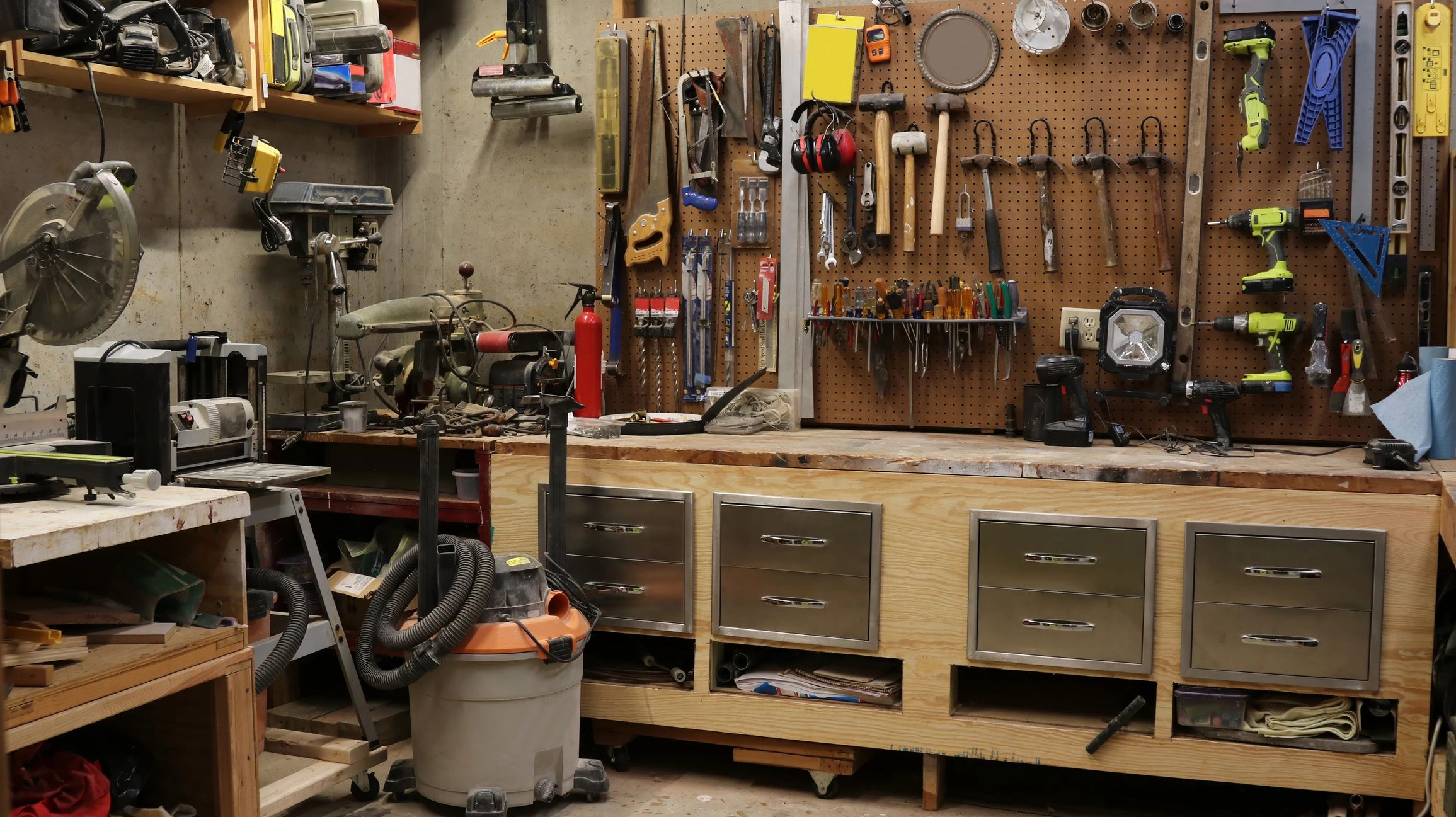 Organized garage workshop after cleanup